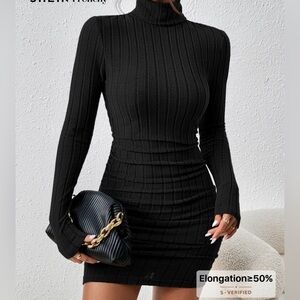 Elegant Black Ribbed Knit Turtleneck Dress